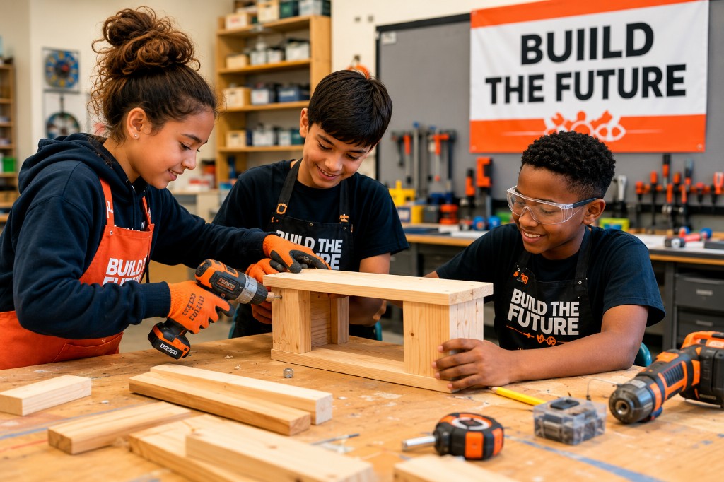 Students using power tools on a woodworking project during a craft-crew FieldTrip