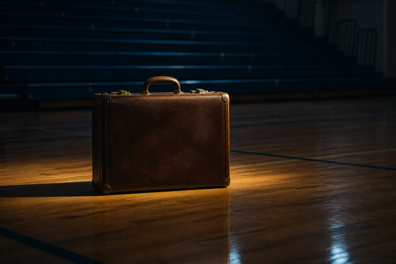 A closed leather briefcase on an empty gym floor — atmospheric still, not a production photo of MONEY