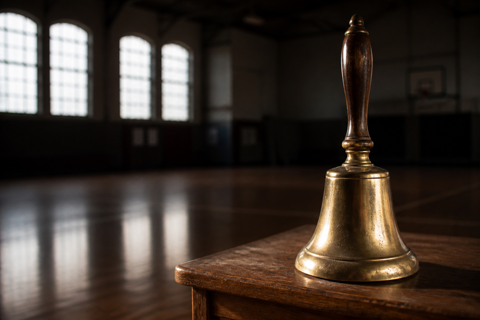 A brass market bell on a wooden table in an empty gym — atmospheric still, not a production photo