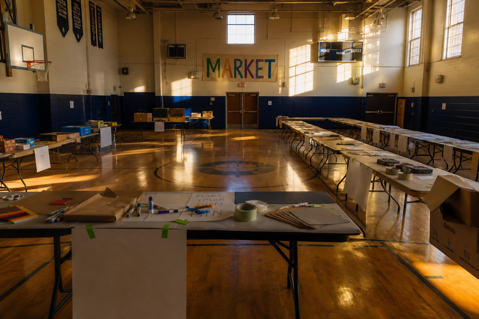 An empty school gym staged as a marketplace: folding tables, cardboard, and craft materials. No students pictured.