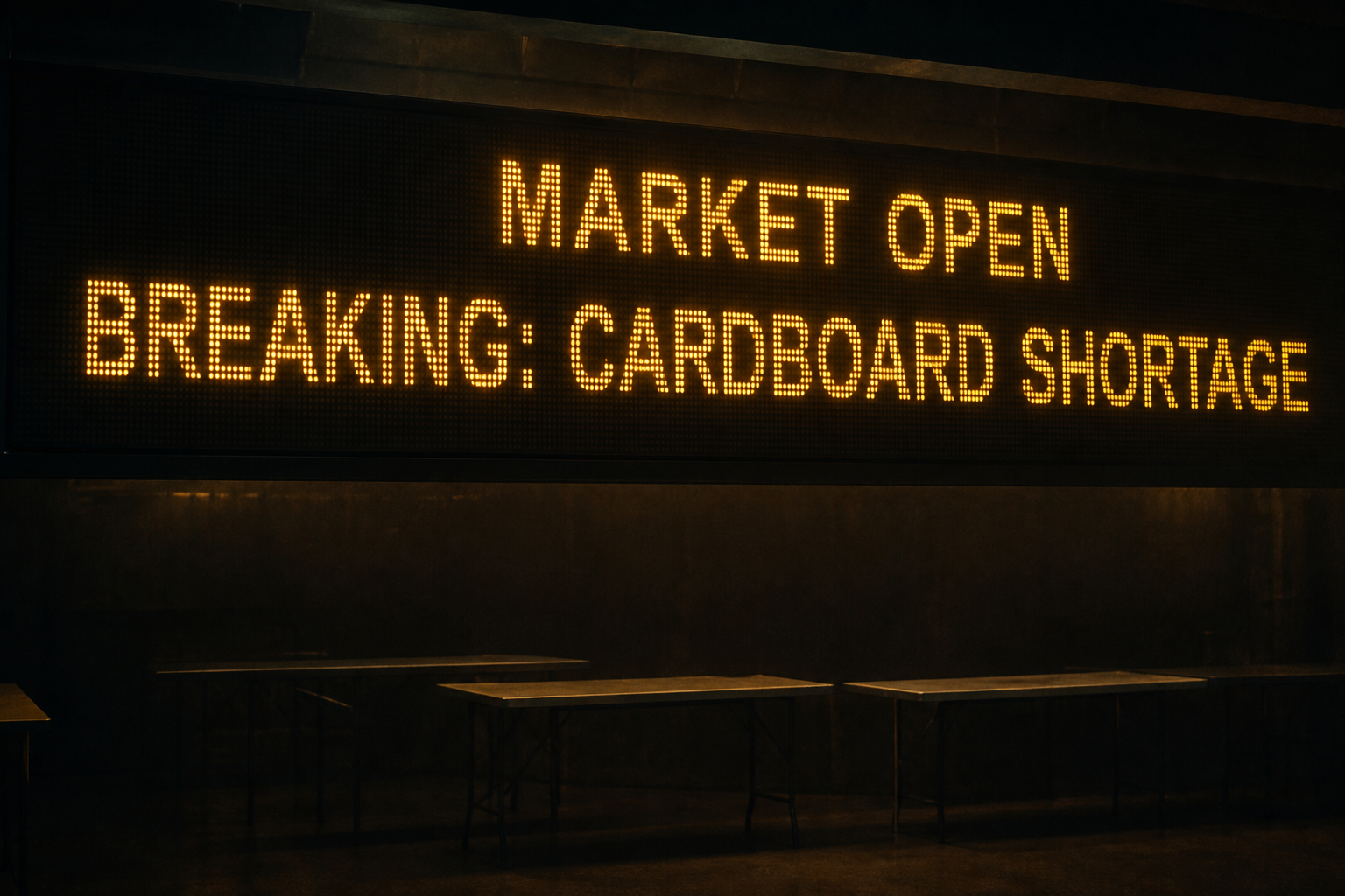An LED market ticker reading MARKET OPEN and CARDBOARD SHORTAGE — a simple market-news line, not a live ranking board